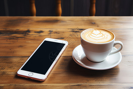 桌子上一杯咖啡和一部手机背景