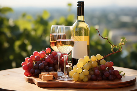 木桌上的美酒和葡萄背景图片