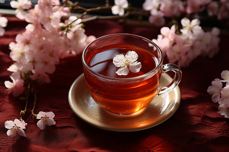 用玻璃杯泡茶樱花下的一杯茶背景