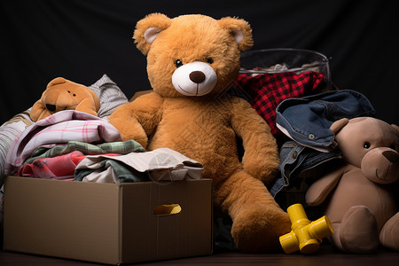 蓝衣服的小熊捐赠一桌子衣物和泰迪熊背景