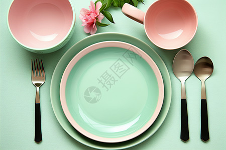 粉绿色的碗和盘子高清图片
