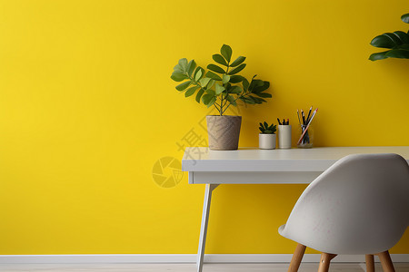 黄色墙壁下的书桌背景图片