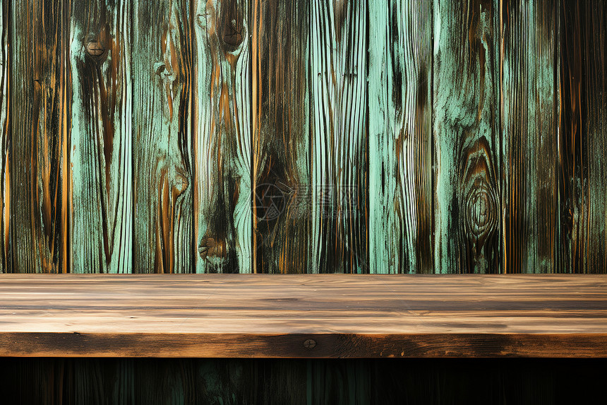 绿色木质墙壁下的木桌图片