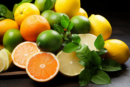柠檬橙子摆放在桌子上背景图片