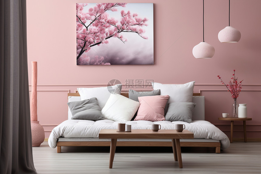 床头的樱花挂画图片