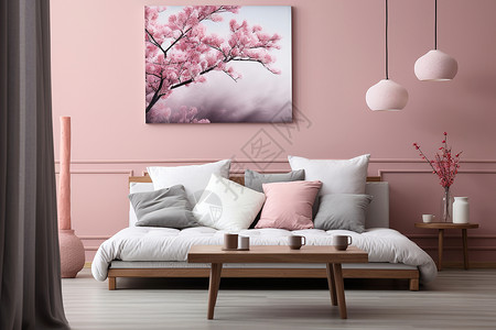 床头的樱花挂画背景图片