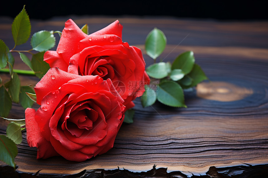 木质餐桌上的两支红玫瑰图片