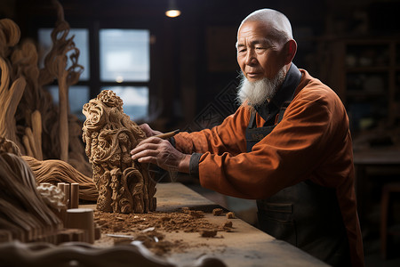 雕刻木雕的老人背景图片