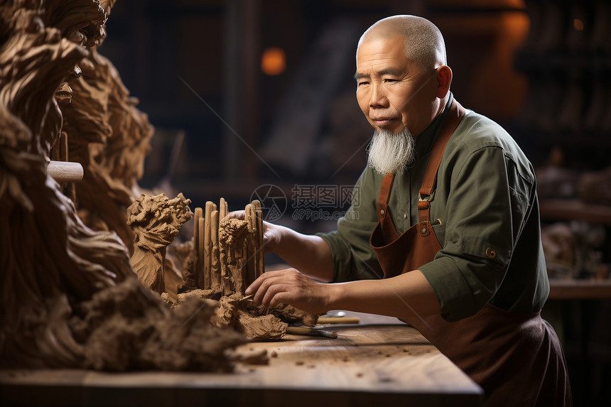 桌子上雕刻木头的男性图片