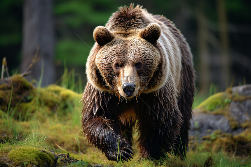 棕熊在森林中漫步图片