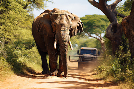 野生象行走在泥路上高清图片