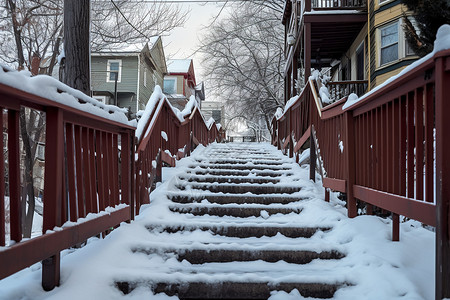 雪地中的红色楼梯背景图片