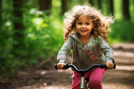 小女孩在森林中骑车背景图片