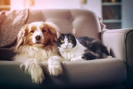 互相扶持猫狗互相依偎在沙发上背景