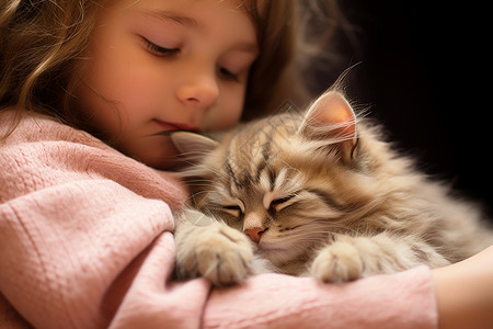 女孩和猫拥抱在一起背景图片