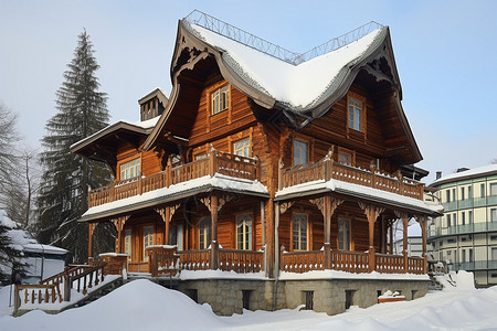 山谷木屋寒冷冬日中白雪皑皑的木屋建筑背景
