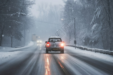 寒冬道路上驾驶的汽车背景图片