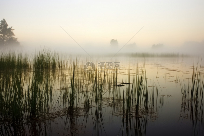 晨雾缭绕的湖畔图片