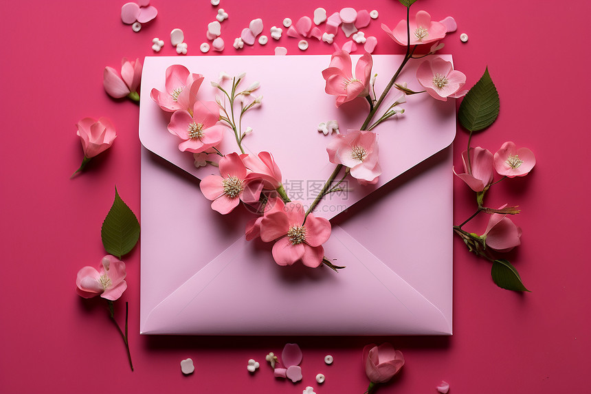 粉色花朵的浪漫信封图片