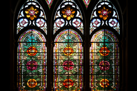 大型教堂大型花朵的玻璃窗背景