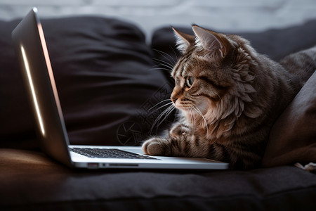宠物电脑沙发上休息的猫背景
