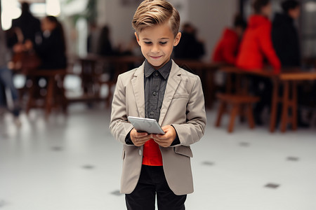 穿西装的男孩在玩电子设备背景图片