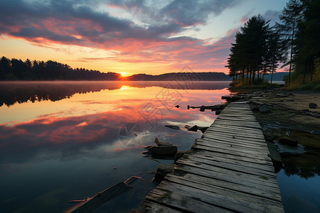 湖边的日落背景图片