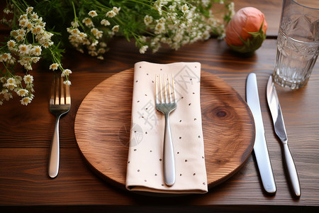 木桌上的餐具背景图片