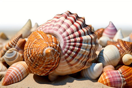 海滩上一堆海贝壳背景图片
