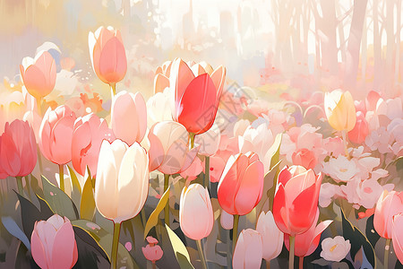 粉白郁金香粉白花朵高清图片