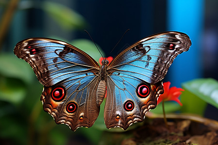 红花上的蓝蝴蝶背景图片