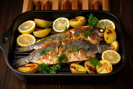 美味的海鲜烤鱼背景图片