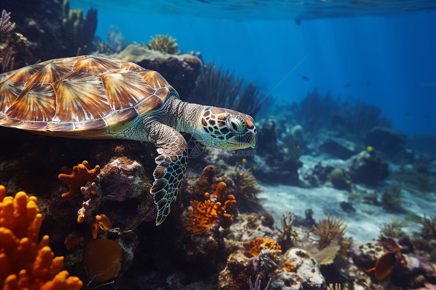 海洋中的海龟和珊瑚图片
