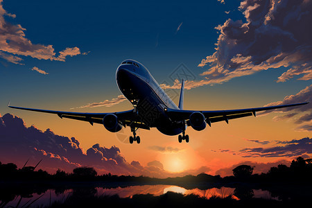 降落夕阳下的飞机插画