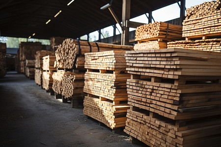 仓库中堆积的木材高清图片
