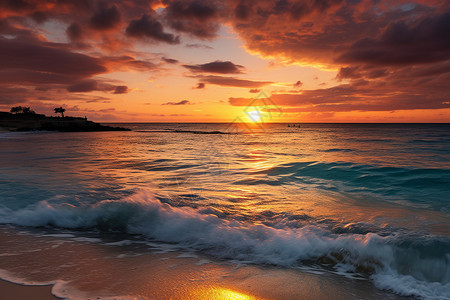 落日沙滩上的浪花背景图片