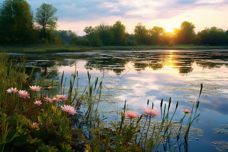 湖畔的野花背景图片