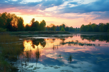 夕阳下的湖泊背景图片