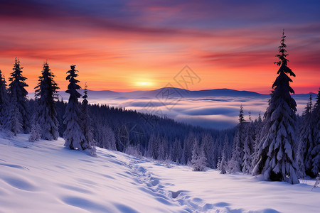 冬日松树冬日雪山夕阳背景