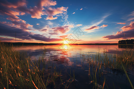 夕阳下的湖泊和水草背景图片