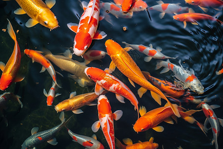 锦鲤鱼成群在水池中戏水背景图片