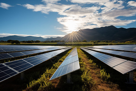 太阳能电池板与乡村背景图片