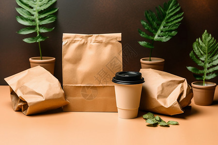 快递包装袋牛皮纸袋子和咖啡杯背景