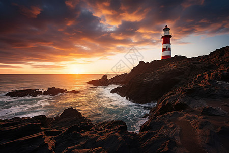 日落时岸边的灯塔建筑背景图片