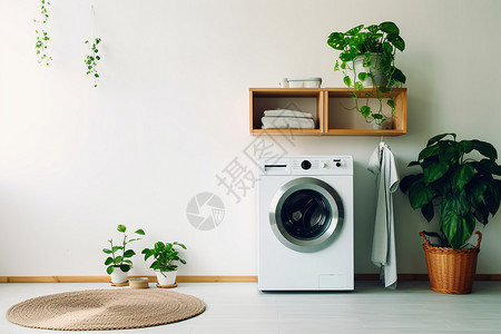 家政洗衣洗衣房里的洗衣机和植物背景