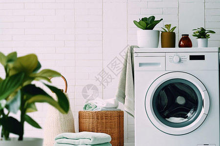 家政洗衣洗衣机上的盆栽背景
