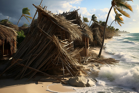 海岸上毁坏的草屋背景图片