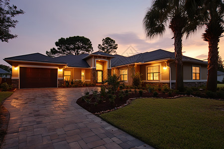 日落时的别墅背景图片