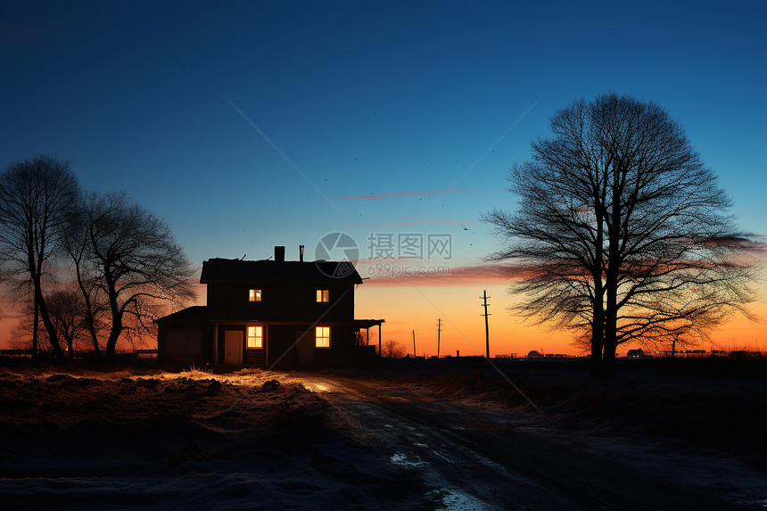 冬夜农舍的风景图片
