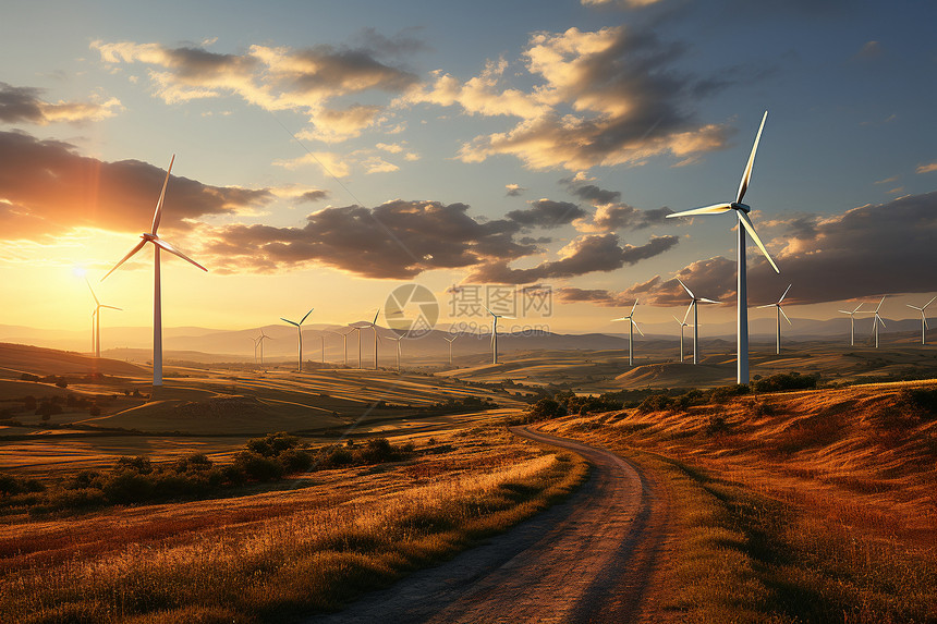 夕阳下的乡间风力发电机图片